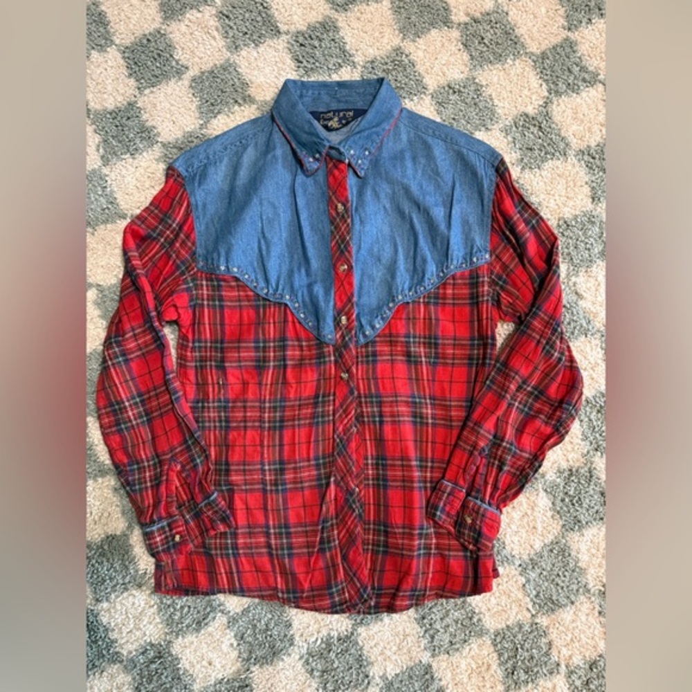 NATURAL EXPRESSIONS Vintage Chambray and Plaid Western Shirt Ditzy Floral Large